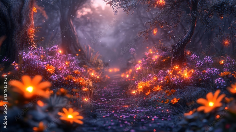 Magical forest path, glowing flowers, fantasy background, perfect for game design Magical forest path, glowing flowers, fantasy background, perfect for game design
