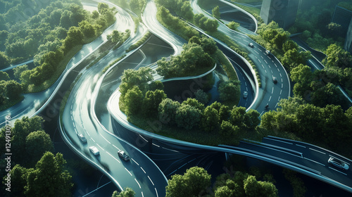 The beautiful road in the future with both sides of the street covered by a lush and Landscape with trees. Generated AI Illustration.