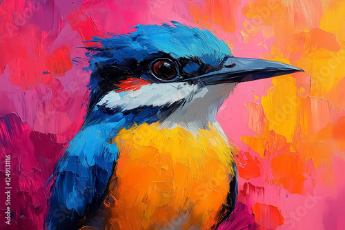 A colorful and vibrant tropical bird gazes with elegance amidst a vivid background filled with soft impressionistic brushstrokes, showcasing its exotic beauty photo