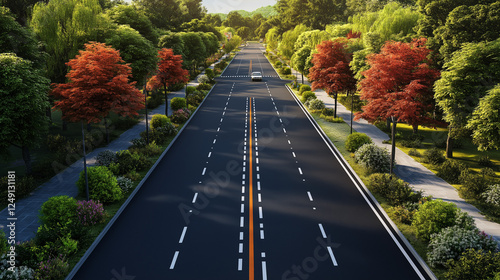The beautiful road in the future with both sides of the street covered by a lush and Landscape with trees. Generated AI Illustration.