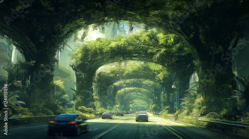 The beautiful road in the future with both sides of the street covered by a lush and Landscape with trees. Generated AI Illustration.