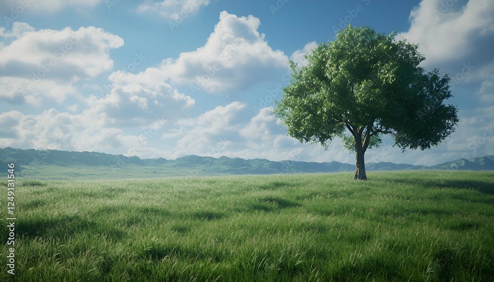 Fototapeta premium Solitary tree in lush green field under blue sky with fluffy clouds