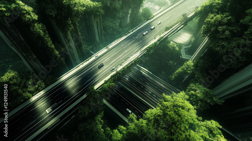 The beautiful road in the future with both sides of the street covered by a lush and Landscape with trees. Generated AI Illustration.