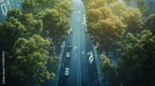 The beautiful road in the future with both sides of the street covered by a lush and Landscape with trees. Generated AI Illustration.