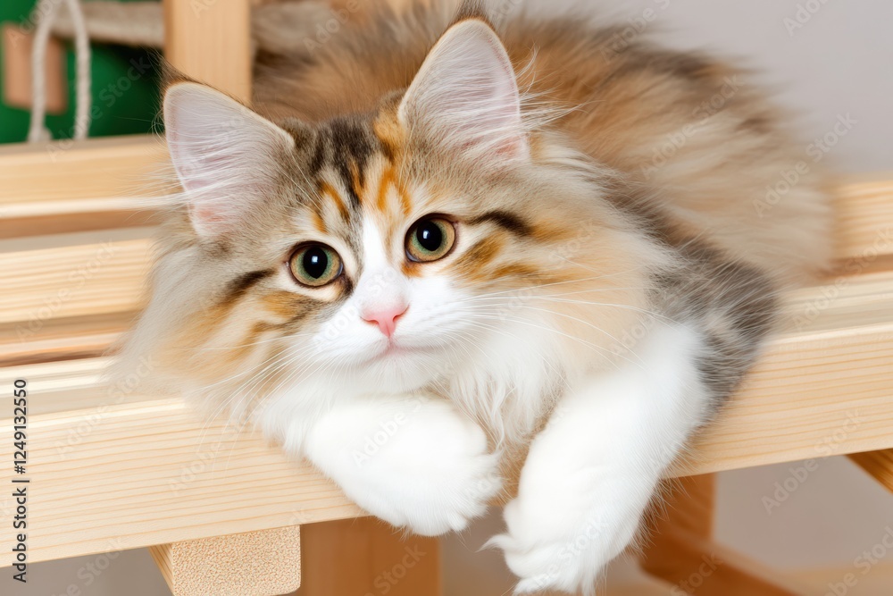 Fluffy calico cat resting on wooden shelf, showcasing vibrant fur patterns and expressive eyes, perfect for pet lovers and animal enthusiasts concept Fluffy calico cat resting on wooden shelf, showcasing vibrant fur patterns and expressive eyes, perfect for pet lovers and animal enthusiasts concept