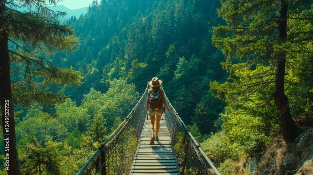 Fototapeta premium Woman hiker walks across a suspension bridge high above a lush green forest canyon.