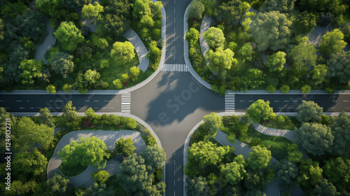 The beautiful road in the future with both sides of the street covered by a lush and Landscape with trees. Generated AI Illustration.