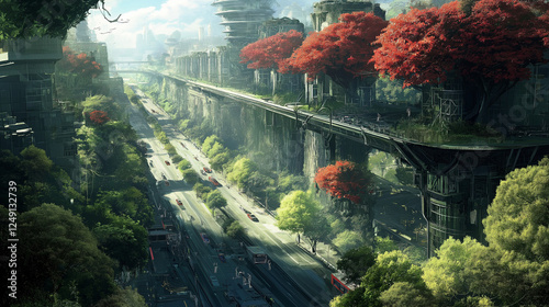 The beautiful road in the future with both sides of the street covered by a lush and Landscape with trees. Generated AI Illustration.