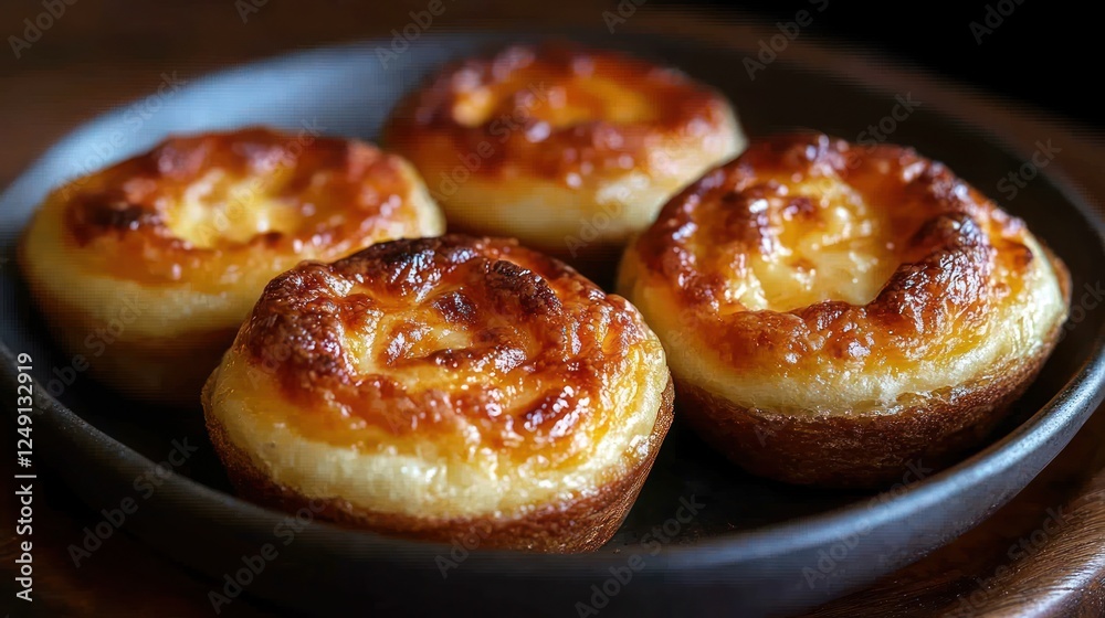 Four golden-brown mini cheesecakes in a dark pan. Four golden-brown mini cheesecakes in a dark pan.