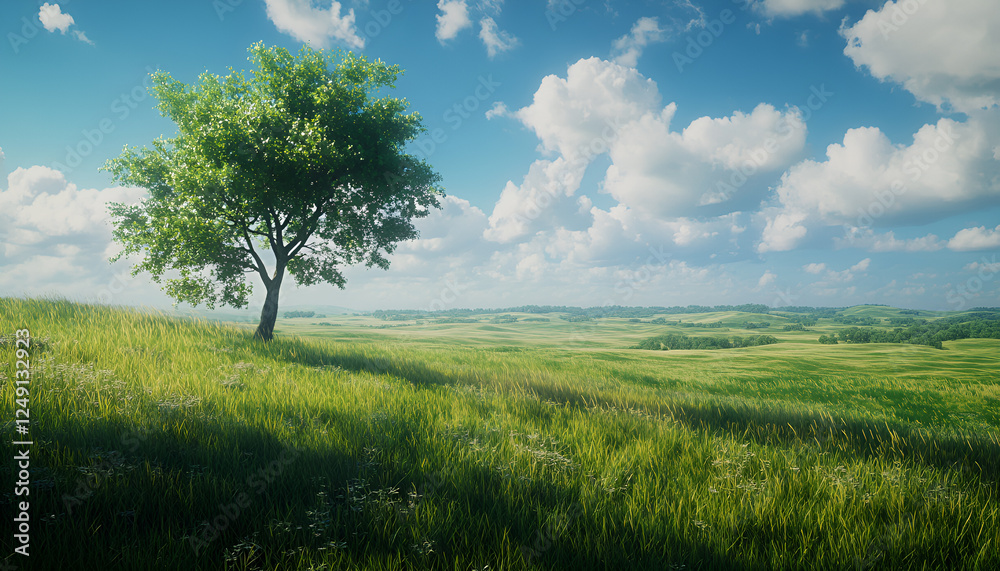 Solitary tree in lush green field under blue sky with fluffy clouds Solitary tree in lush green field under blue sky with fluffy clouds
