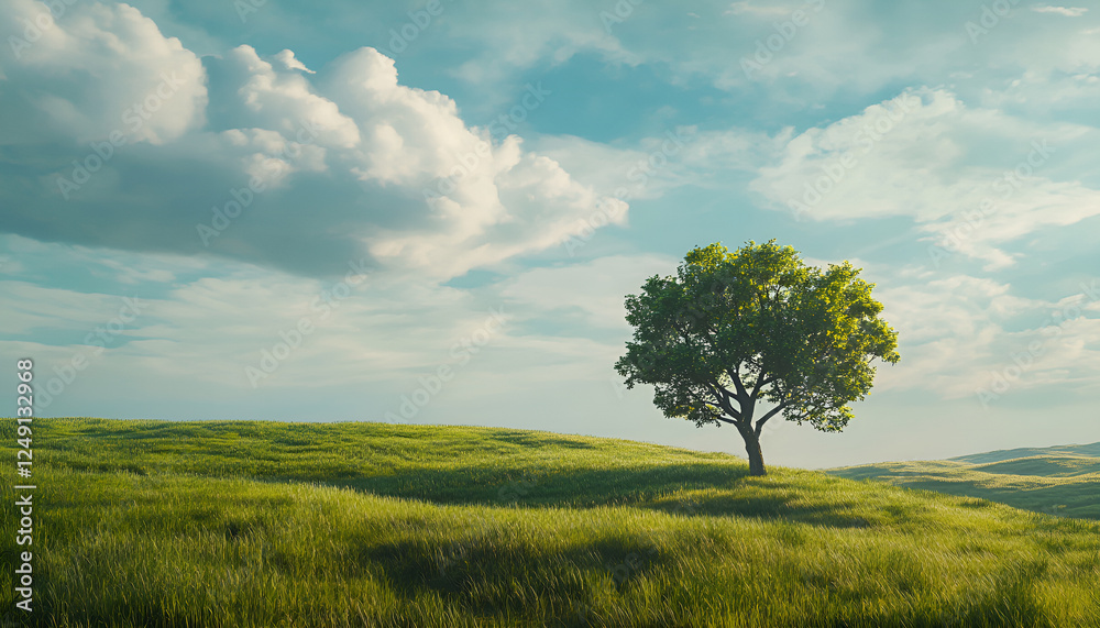 Obraz premium Solitary tree in lush green field under blue sky with fluffy clouds