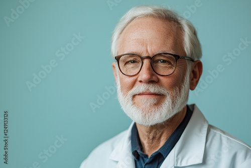 Portrait of a senior male researcher in front of an isolated blue background. Smiling with a white laboratory coat. AI generated