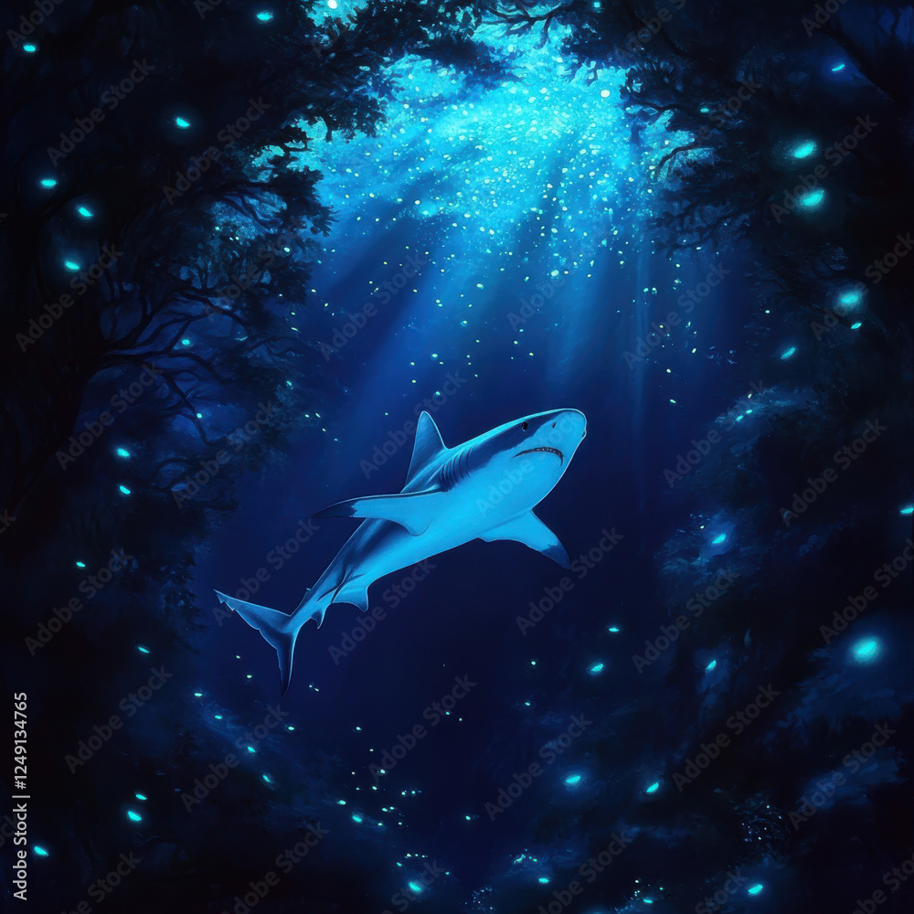 Fototapeta premium shark gliding through deep sea environment, surrounded by glowing particles and illuminated by soft light, creates serene and captivating underwater scene