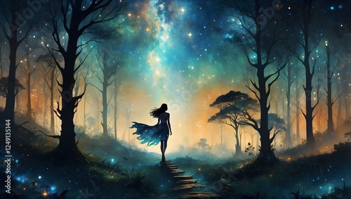 Fantasievolles Gemälde - Silouette Umriss - Frau im Wald