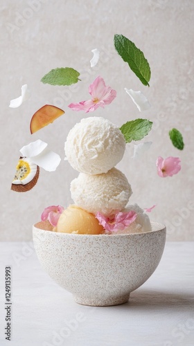 Vanilla ice cream scoops with fresh mint, coconut flakes, and floral garnish. Tropical sorbet