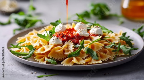 Delicious Bowtie Pasta with Tomato Sauce and Fresh Greens Garnish