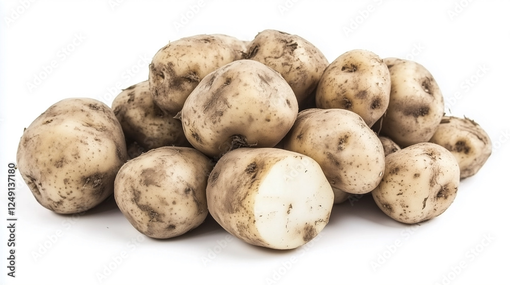 A pile of potatoes with one of them cut in half A pile of potatoes with one of them cut in half