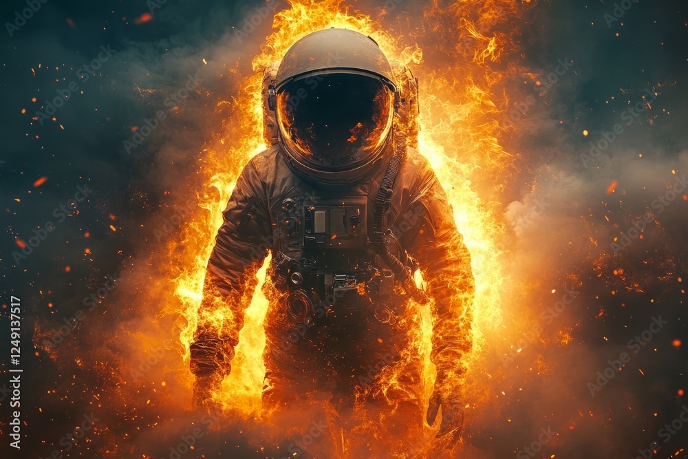 An Astronaut Emerges From Flames, Symbolizing Courage And Exploration Amidst Chaos. An Astronaut Emerges From Flames, Symbolizing Courage And Exploration Amidst Chaos.