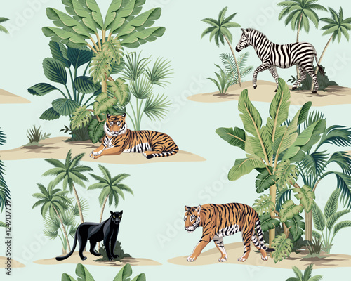 Tiger, zebra, leopard, panther animal, banana tree, tropical palms island seamless pattern. Exotic botanical jungle wallpaper.
