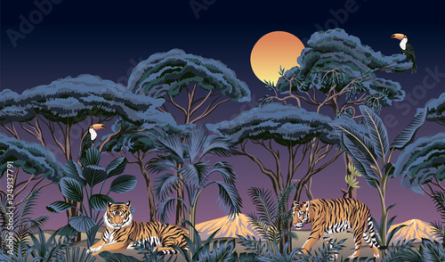 Tiger animal, toucan bird, palm tree, tropical palms, leaf,  African tree, moon landscape mural. Exotic night botanical jungle wallpaper.