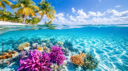 Colorful coral formations flourish beneath the clear turquoise waters of the Caribbean creating a vibrant underwater world. Sunlight sparkles through the water enhancing the beauty