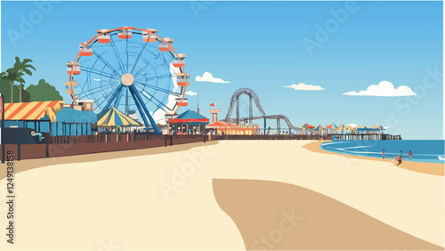 Coney Island at Sunset- Ferris Wheel and Beach Fun.eps