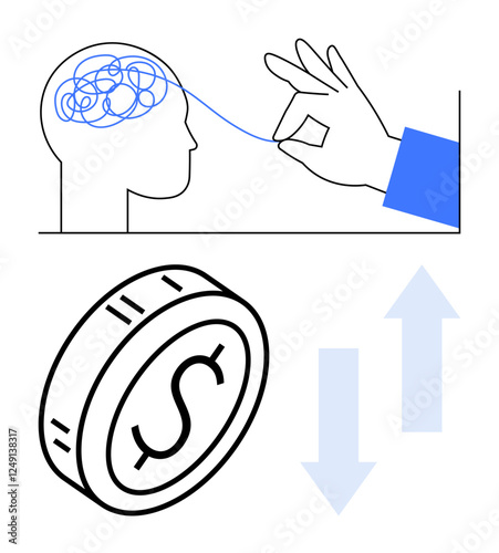 Hand untangling mind with blue string, coin illustrating finance, and up-down arrows. Ideal for mental clarity, problem-solving, financial concepts, decision-making, minimalism, growth abstract line