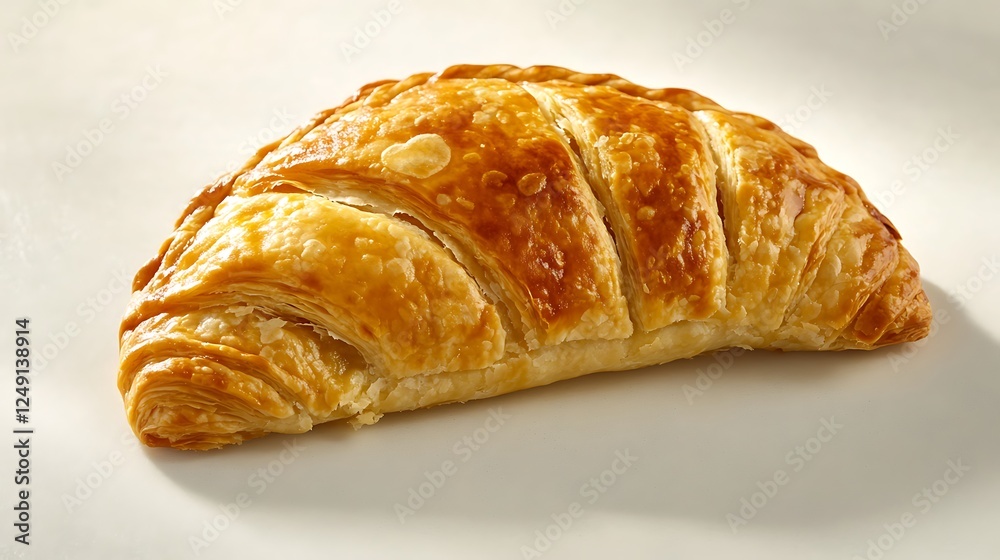 A golden chicken empanada with flaky pastry, resting on a clean white surface A golden chicken empanada with flaky pastry, resting on a clean white surface