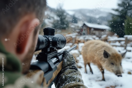 A hunter prepares to take aim at a wild boar amidst a snowy backdrop, illustrating the primal instinct of survival and the tense interaction between hunter and prey. photo