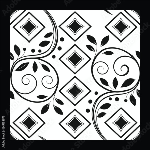 Luxurious Black and White Floral Vector Pattern | Decorative Geometric Tile Design for Fashion, Fabric, Interior, Carpet, and Graphic Art | Timeless Digital Texture with Classic Elegance
