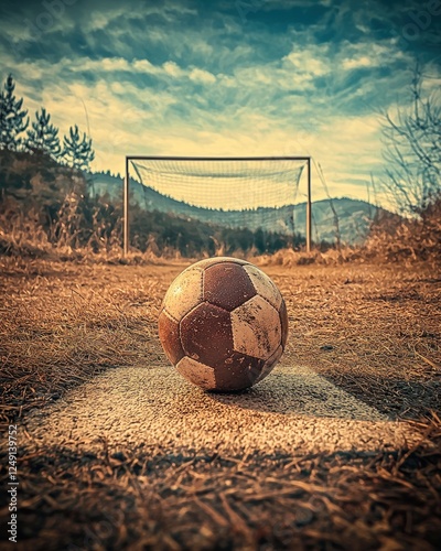 Football ball resting on penalty spot with goalposts behind