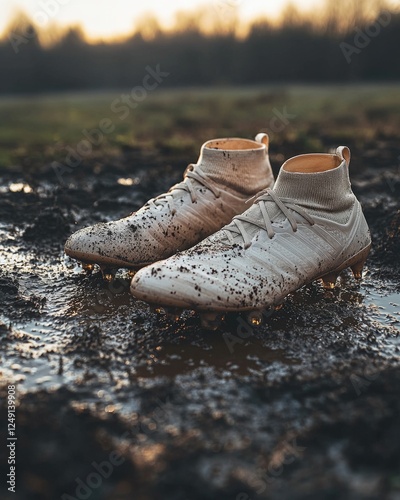Football boots resting on muddy ground, morning light