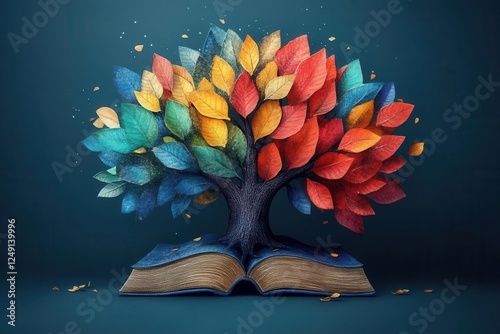 whimsical knowledge tree illustration with colorful bookshaped leaves growing from branches celebrating international literacy day and education photo