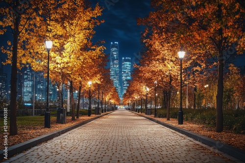 Autumn scene  a brick road with colorful leaves and skyscrapers illuminated at night