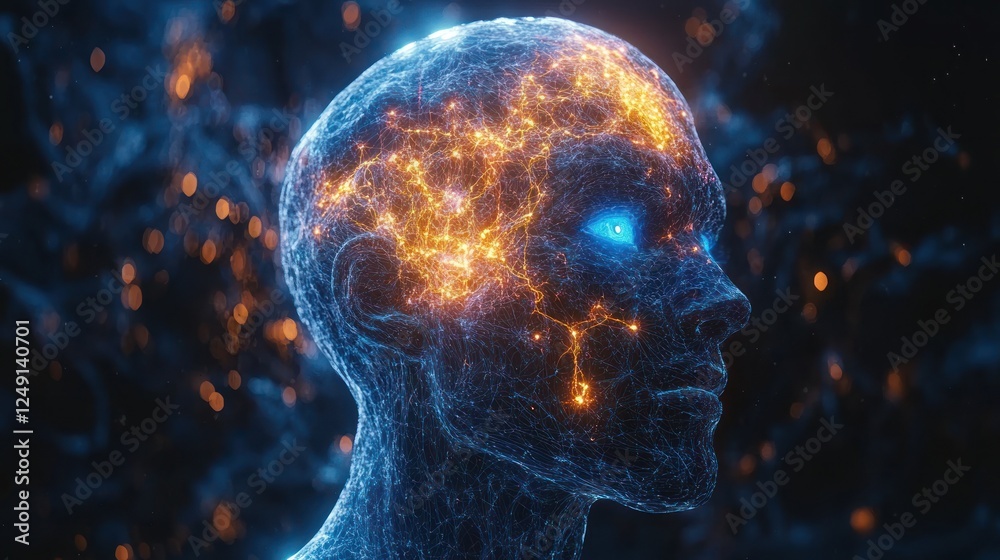 Glowing energy flows within a human head, visualizing brain activity and intelligence. Glowing energy flows within a human head, visualizing brain activity and intelligence.