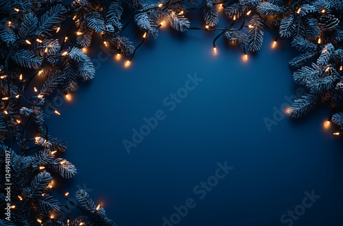 A dark blue background with blurred lights of Christmas garland hanging in the top left corner.