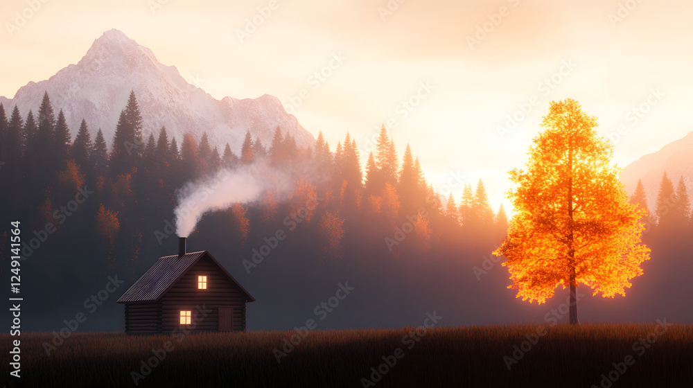 Hyper-detailed AI-generated autumn mountain cabin with golden leaves.
Hyper-detailed AI-generated autumn mountain cabin with golden leaves.