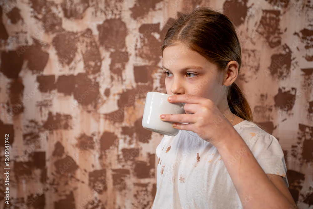 A Child Delightfully Enjoying a Warm Beverage While Seated Against a Textured Background A Child Delightfully Enjoying a Warm Beverage While Seated Against a Textured Background