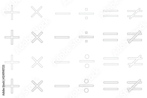  Arithmetic Symbols Set: Plus, Minus, Multiply, Divide, Equal, and Not Equal, Basic Mathematics Operators, Basic Math Symbols, in vector form , just thin strokes
