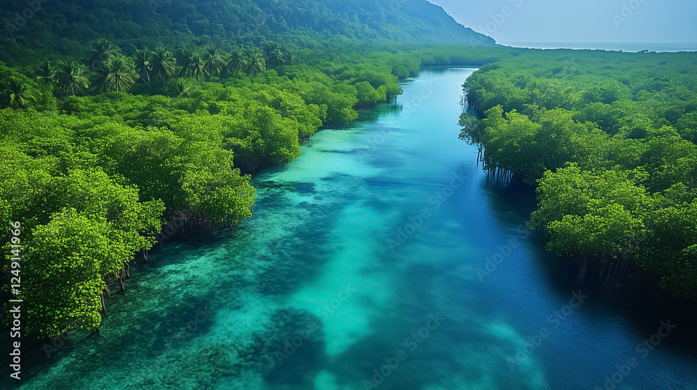 A vibrant mangrove forest thrives along shimmering waterways, showcasing rich biodiversity and unique wildlife in a serene coastal environment filled with greenery A vibrant mangrove forest thrives along shimmering waterways, showcasing rich biodiversity and unique wildlife in a serene coastal environment filled with greenery
