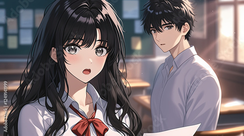 A man and woman in a classroom sharing a cute anime moment as a girl hides a love letter from her classmate during a school day photo