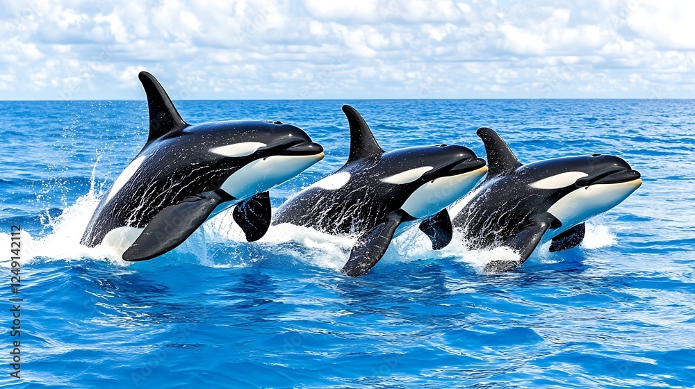 Fototapeta premium Orcas breaching ocean waves