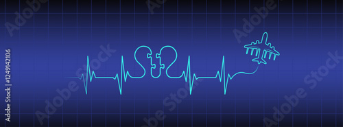 Editable line blue ekg monitor, cardio diagnosis, puzzle heart, airplane vector. Heart rhythm line vector design to use for healthcare, healthy lifestyle, medicine, ekg, ecg illustration projects. 