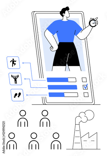 Smartphone with fitness tracking icons and progress bars. Icons for exercise, diet, and steps. Lines connecting to user representation. Figures and factory. Ideal for fitness, health, technology