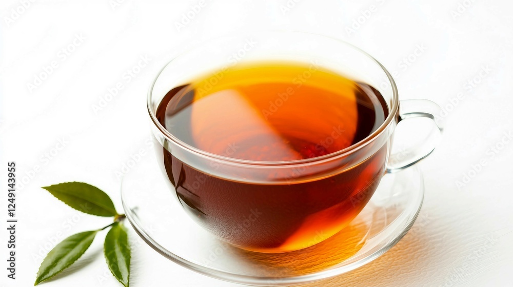 Freshly Brewed Tea in Clear Glass Cup with Green Leaf Accent Freshly Brewed Tea in Clear Glass Cup with Green Leaf Accent