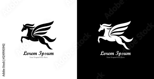 The logo design is in the shape of a horse with wings in a modern style