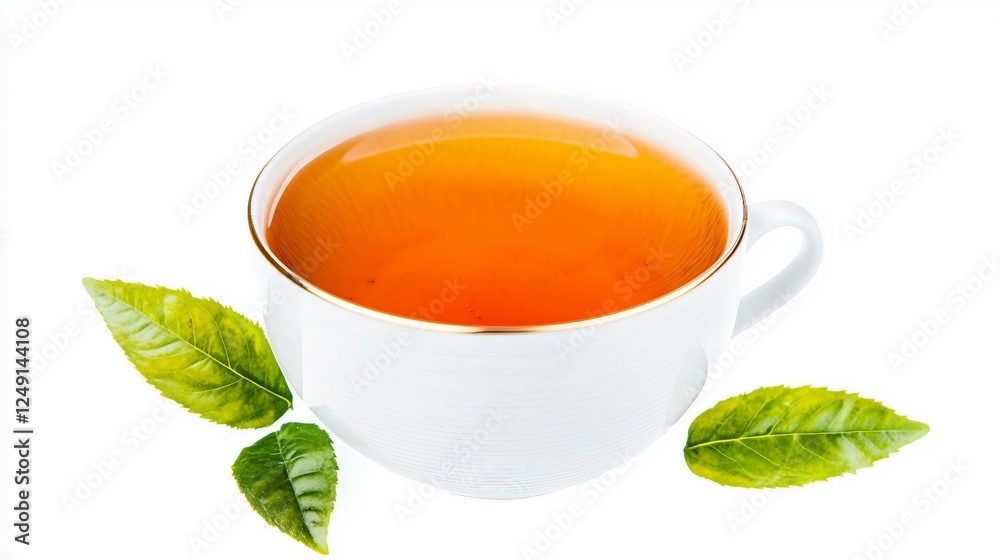 Freshly Brewed Tea in White Cup with Green Leaves on White Background Freshly Brewed Tea in White Cup with Green Leaves on White Background