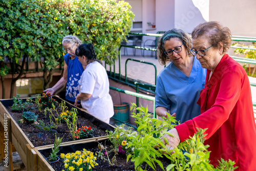 Seniors engaging in therapeutic gardening activity