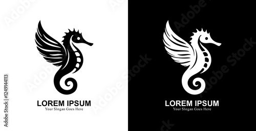 The logo design is in the shape of a seahorse with wings
