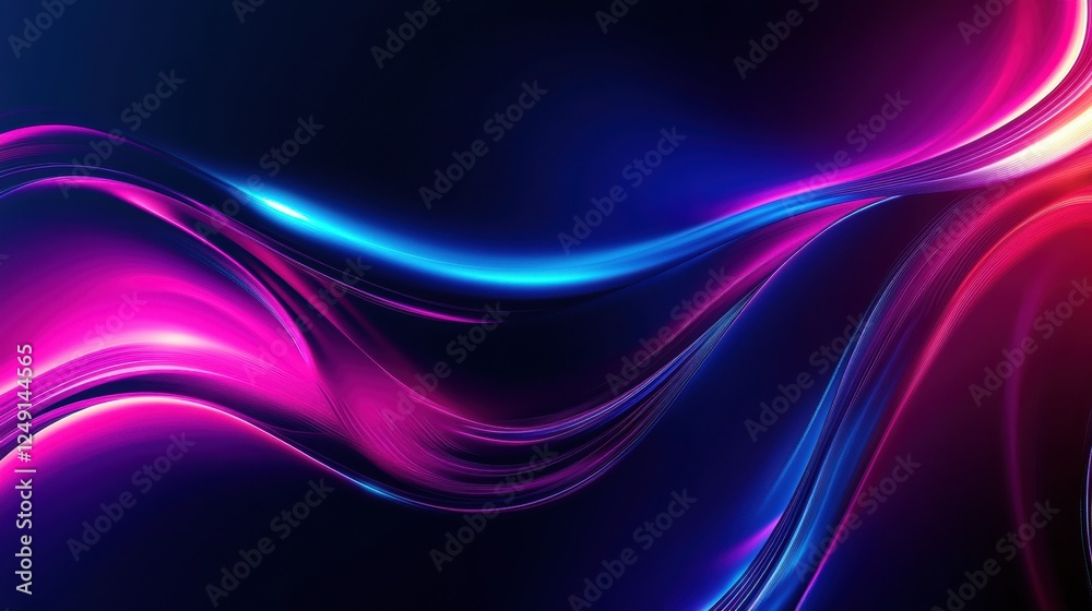 Fototapeta premium Glowing blue and purple particles waving on dark background